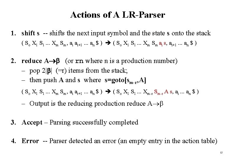 Actions of A LR-Parser 1. shift s -- shifts the next input symbol and