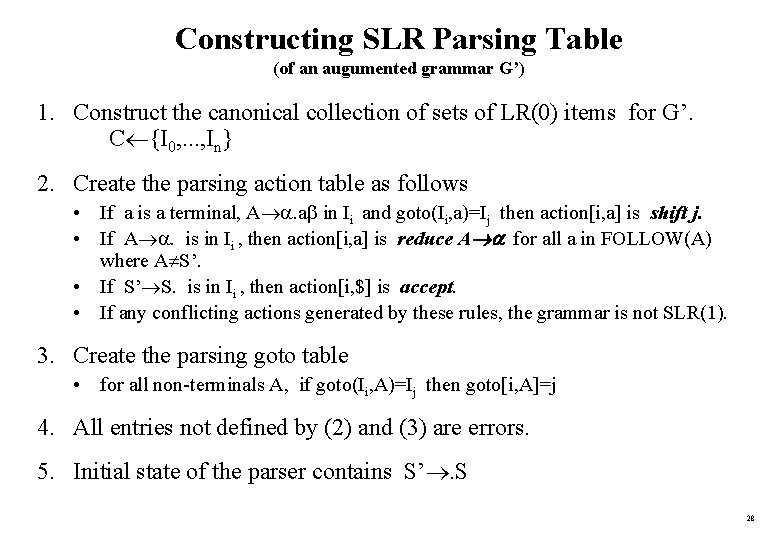 Constructing SLR Parsing Table (of an augumented grammar G’) 1. Construct the canonical collection