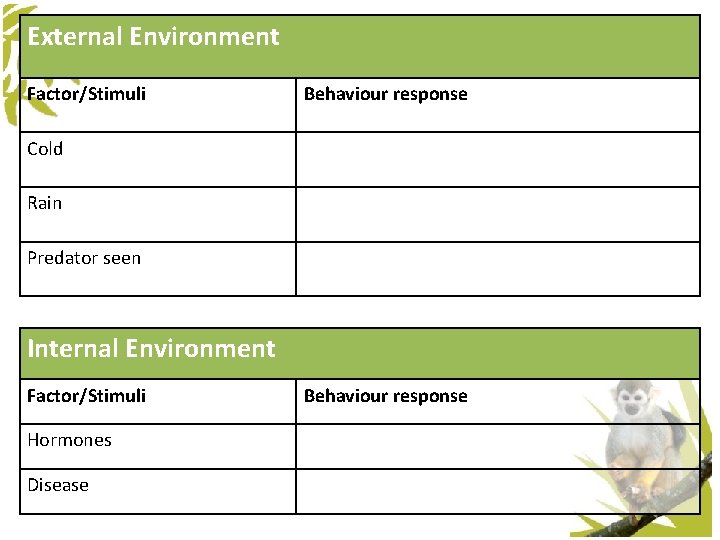 External Environment Factor/Stimuli Behaviour response Cold Huddle together Rain Seek shelter Predator seen Hide External Environment Factor/Stimuli Behaviour response Cold Huddle together Rain Seek shelter Predator seen Hide
