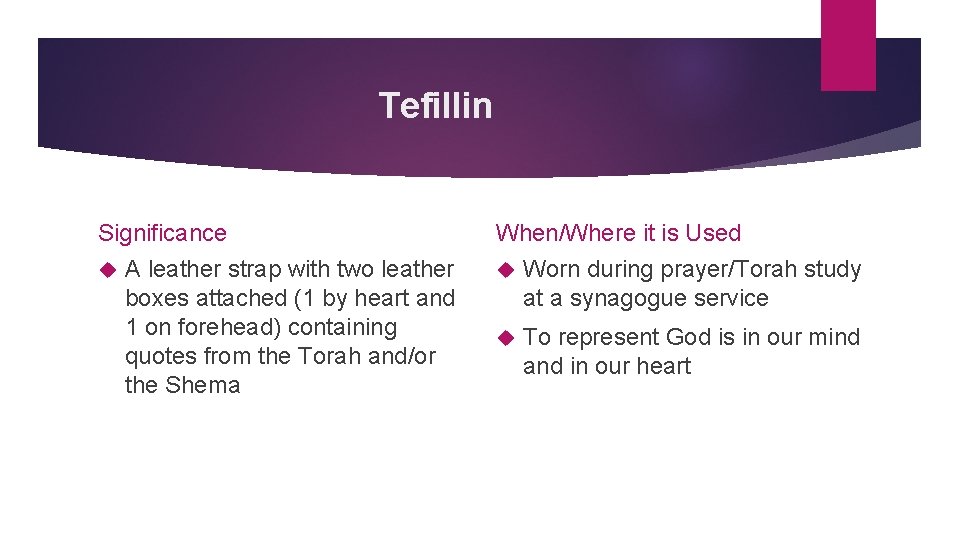 Tefillin Significance A leather strap with two leather boxes attached (1 by heart and