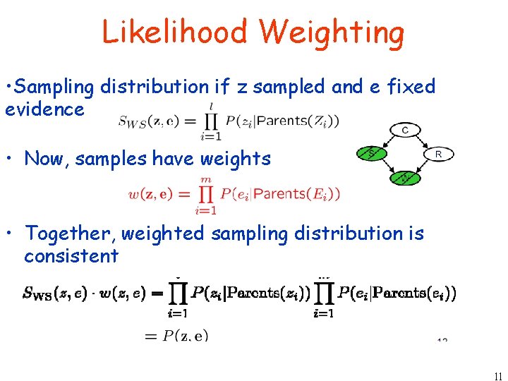 Likelihood Weighting • Sampling distribution if z sampled and e fixed evidence • Now,