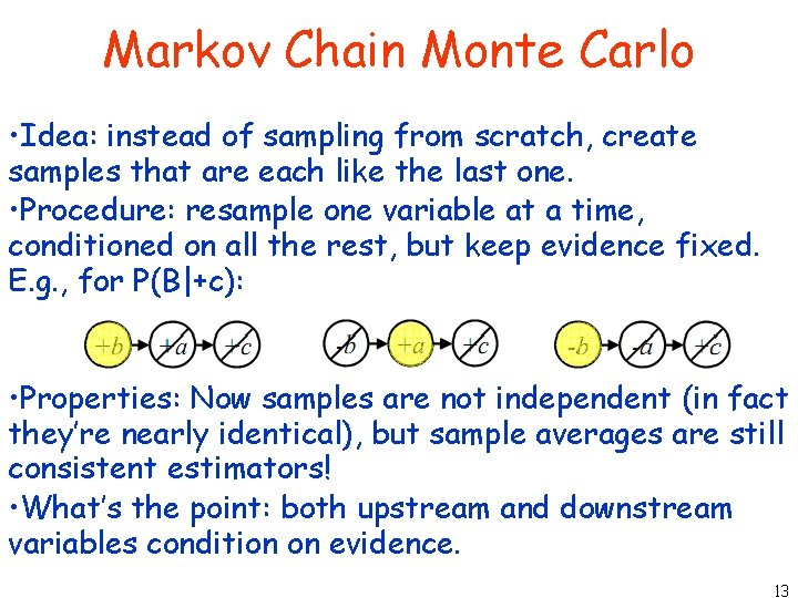 Markov Chain Monte Carlo • Idea: instead of sampling from scratch, create samples that