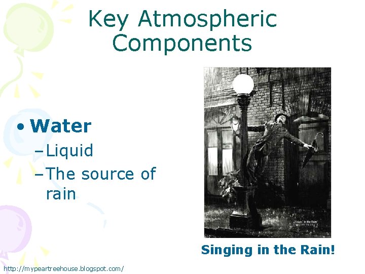 Key Atmospheric Components • Water – Liquid – The source of rain Singing in