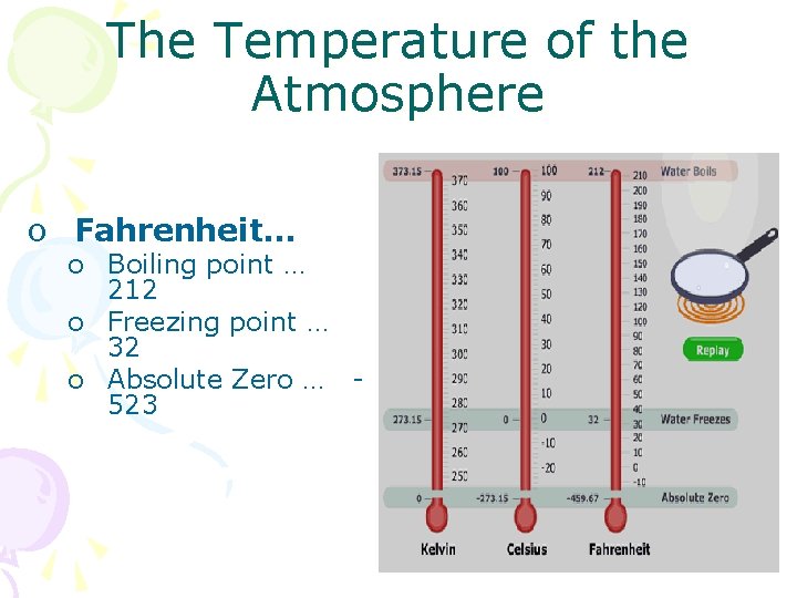 The Temperature of the Atmosphere o Fahrenheit… o Boiling point … 212 o Freezing