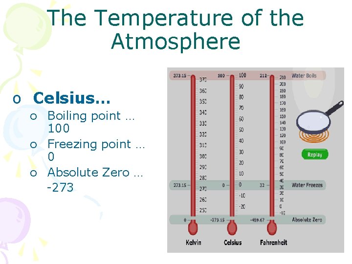 The Temperature of the Atmosphere o Celsius… o Boiling point … 100 o Freezing