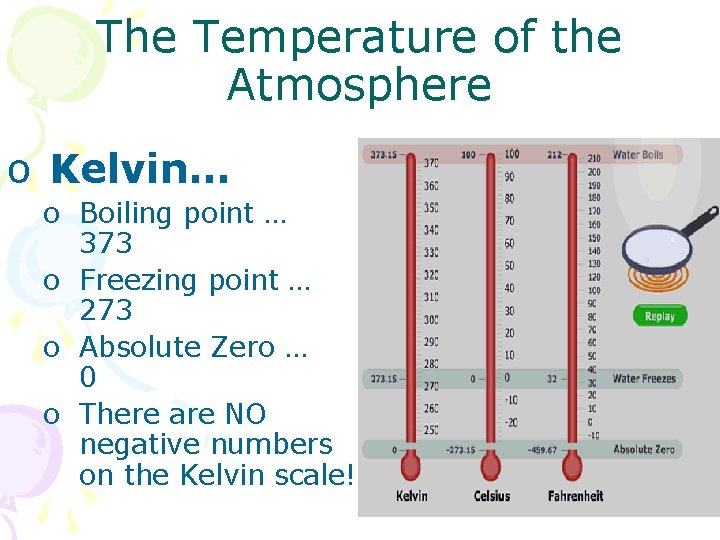 The Temperature of the Atmosphere o Kelvin… o Boiling point … 373 o Freezing