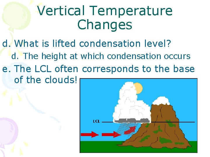 Vertical Temperature Changes d. What is lifted condensation level? d. The height at which