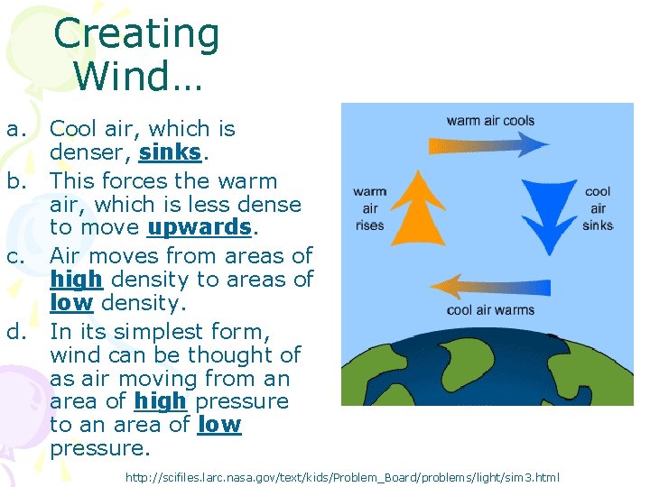 Creating Wind… a. Cool air, which is denser, sinks. b. This forces the warm