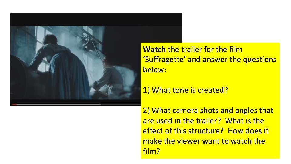 Watch the trailer for the film ‘Suffragette’ and answer the questions below: 1) What