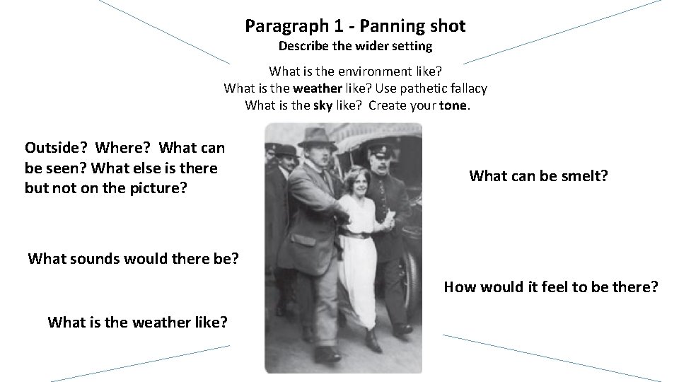 Paragraph 1 - Panning shot Describe the wider setting What is the environment like?