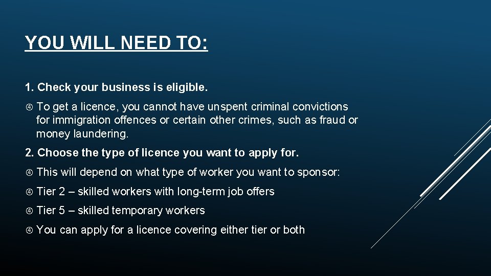 YOU WILL NEED TO: 1. Check your business is eligible. To get a licence,