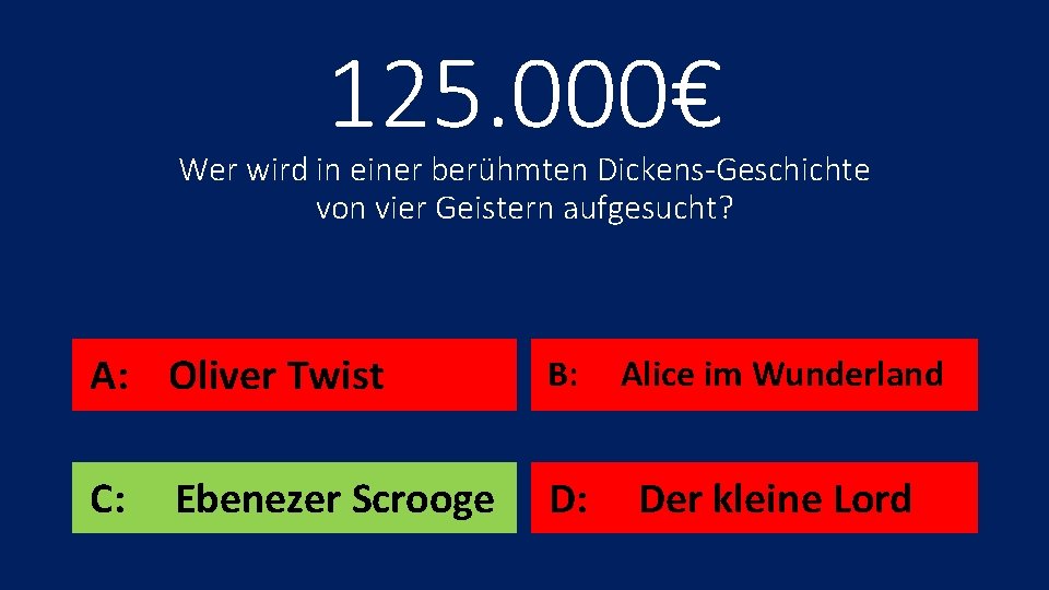 125. 000€ Wer wird in einer berühmten Dickens-Geschichte von vier Geistern aufgesucht? A: Oliver