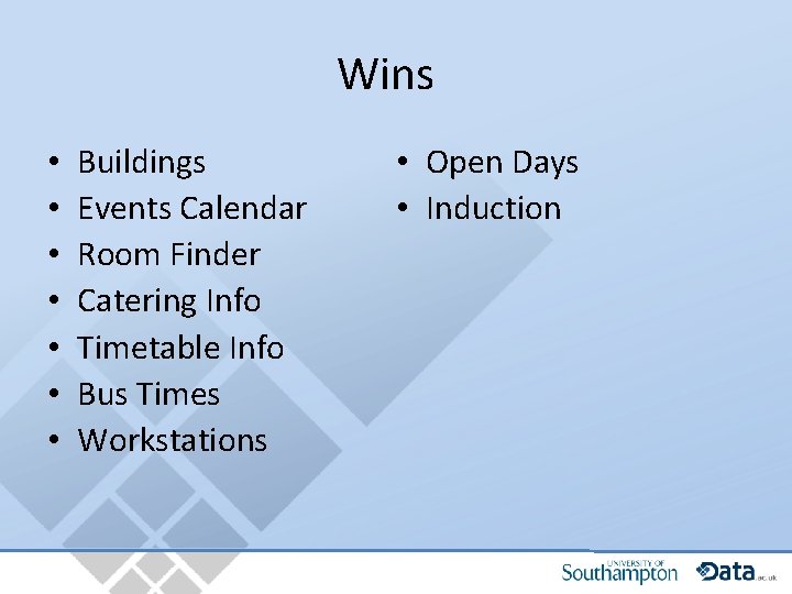 Wins • • Buildings Events Calendar Room Finder Catering Info Timetable Info Bus Times