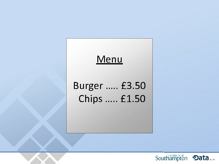 Menu Burger …. . £ 3. 50 Chips …. . £ 1. 50 