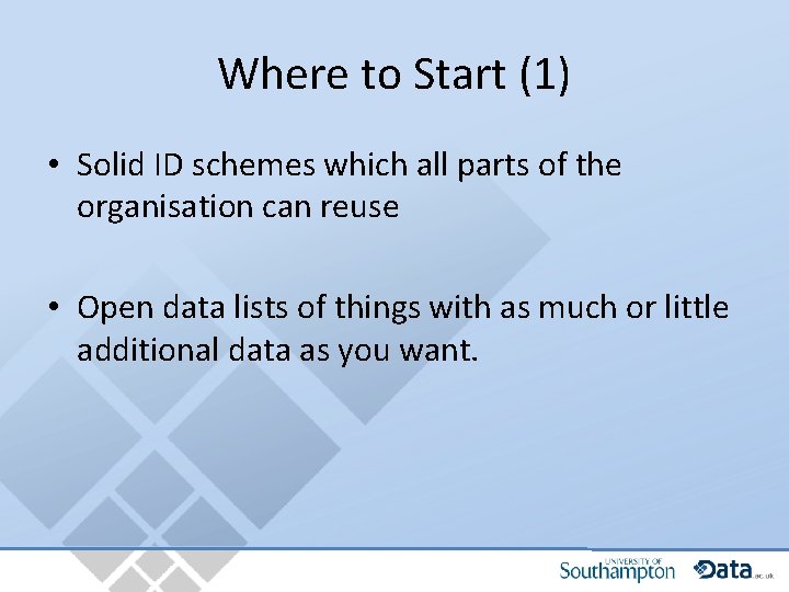 Where to Start (1) • Solid ID schemes which all parts of the organisation