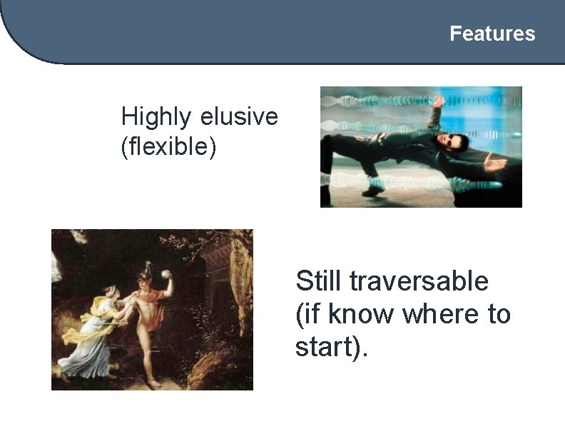 Features Highly elusive (flexible) Still traversable (if know where to start). 