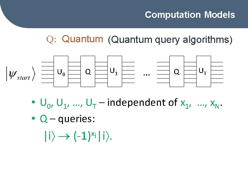 Computation Models Quantum query model Q: Quantum (Quantum query algorithms) U 0 Q U