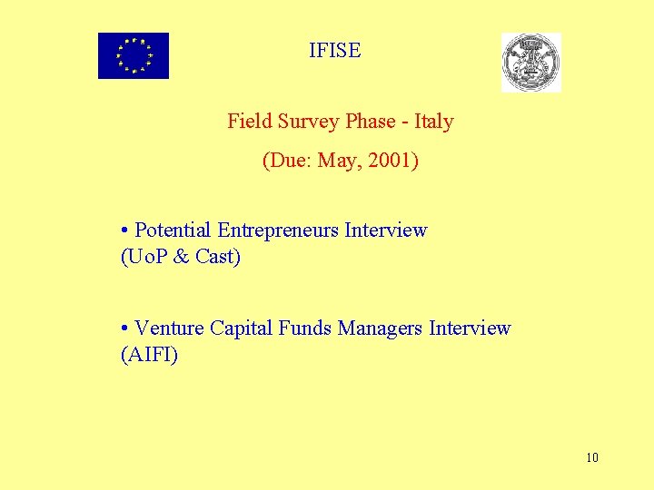 IFISE Field Survey Phase - Italy (Due: May, 2001) • Potential Entrepreneurs Interview (Uo.