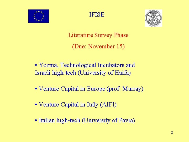 IFISE Literature Survey Phase (Due: November 15) • Yozma, Technological Incubators and Israeli high-tech