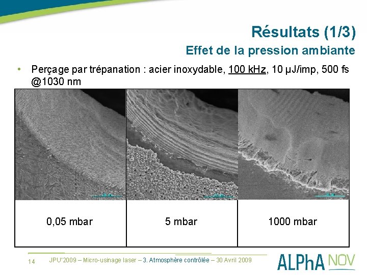 Résultats (1/3) Effet de la pression ambiante • Perçage par trépanation : acier inoxydable,