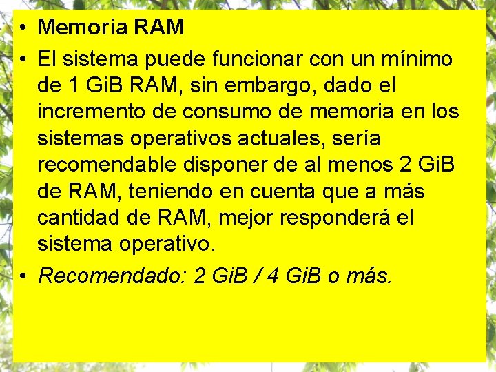 • Memoria RAM • El sistema puede funcionar con un mínimo de 1