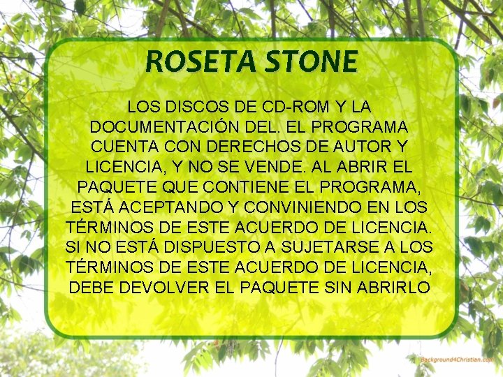 ROSETA STONE LOS DISCOS DE CD-ROM Y LA DOCUMENTACIÓN DEL. EL PROGRAMA CUENTA CON