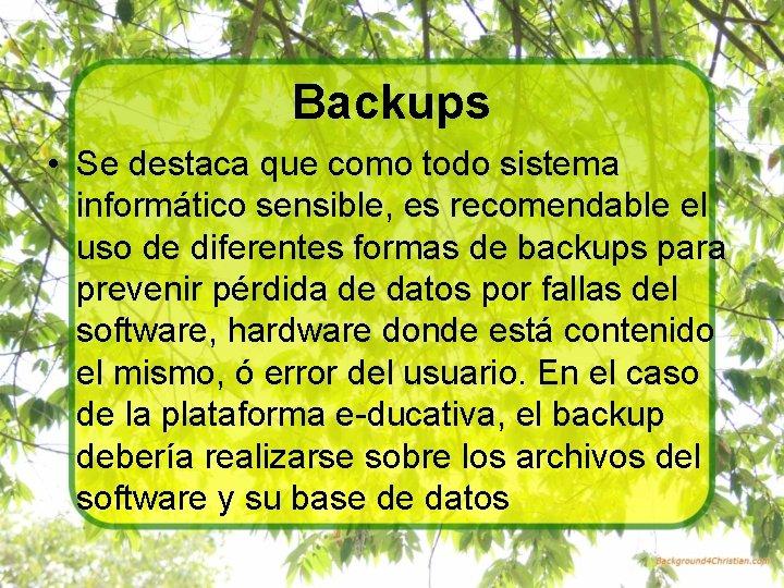 Backups • Se destaca que como todo sistema informático sensible, es recomendable el uso