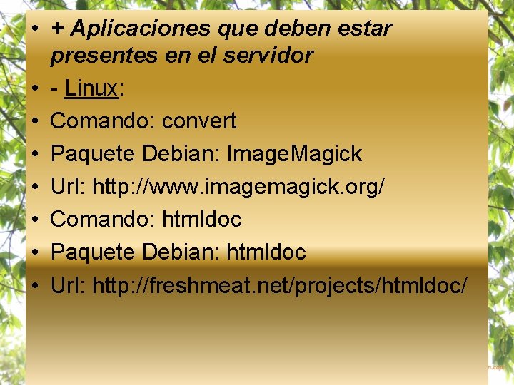  • + Aplicaciones que deben estar presentes en el servidor • - Linux: