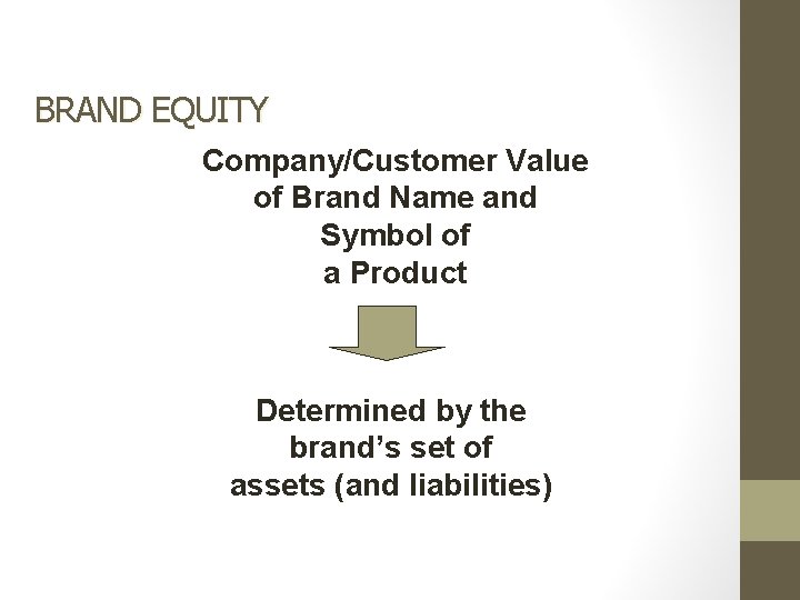 BRAND EQUITY Company/Customer Value of Brand Name and Symbol of a Product Determined by