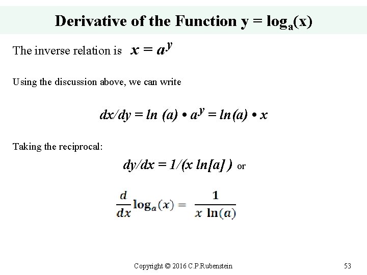 Derivative of the Function y = loga(x) The inverse relation is x = ay