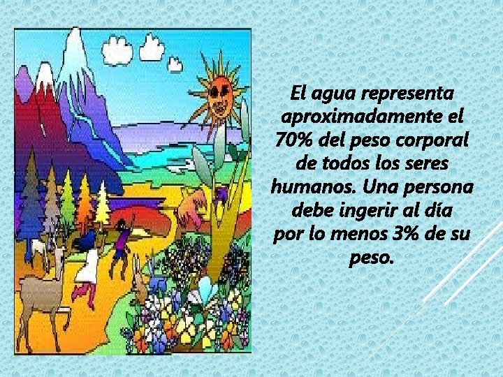 El agua representa aproximadamente el 70% del peso corporal de todos los seres humanos.