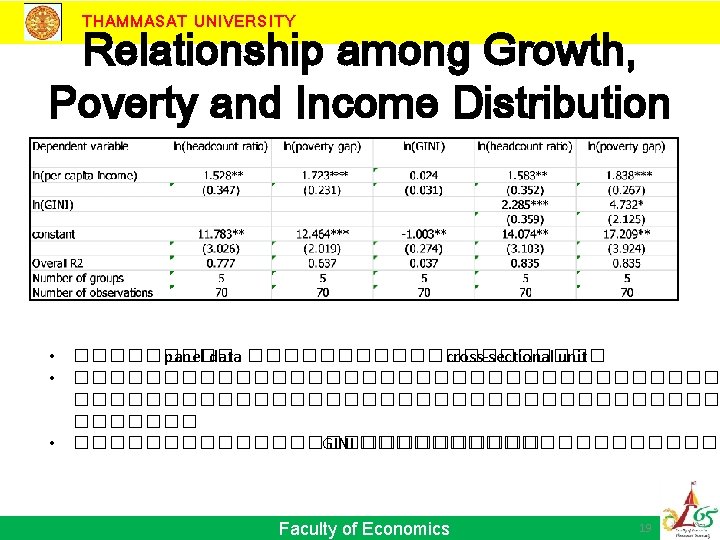 THAMMASAT UNIVERSITY Relationship among Growth, Poverty and Income Distribution • ����� panel data ����������
