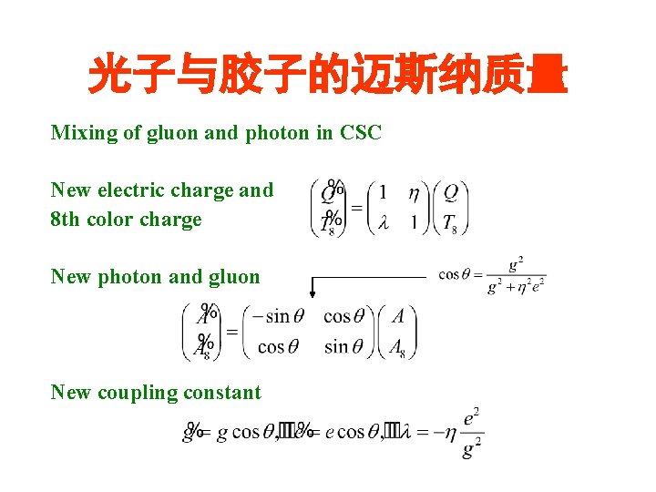光子与胶子的迈斯纳质量 Mixing of gluon and photon in CSC New electric charge and 8 th