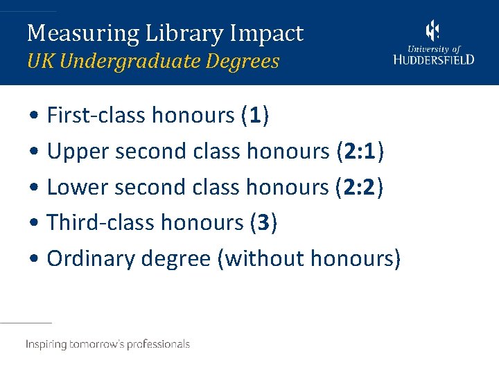 Measuring Library Impact UK Undergraduate Degrees • First-class honours (1) • Upper second class