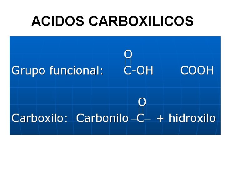 ACIDOS CARBOXILICOS O • Grupo funcional: C-OH COOH O • Carboxilo: Carboilo C +