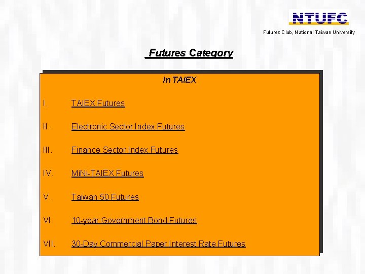 Futures Club, National Taiwan University Futures Category In TAIEX I. TAIEX Futures II. Electronic