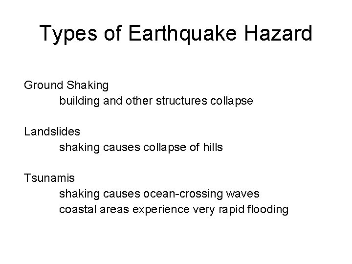 Types of Earthquake Hazard Ground Shaking building and other structures collapse Landslides shaking causes