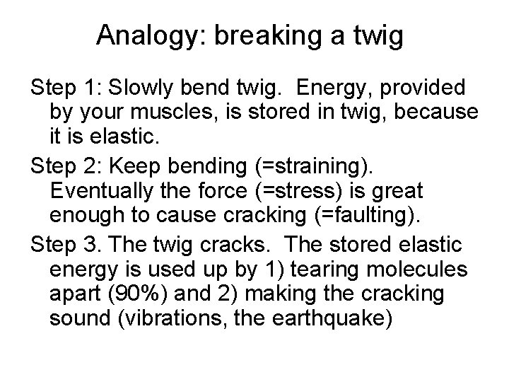 Analogy: breaking a twig Step 1: Slowly bend twig. Energy, provided by your muscles,