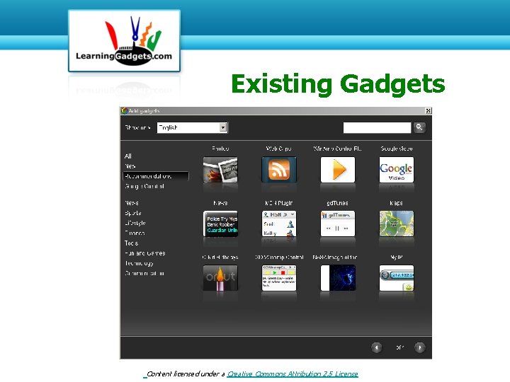Existing Gadgets Content licensed under a Creative Commons Attribution 2. 5 License 
