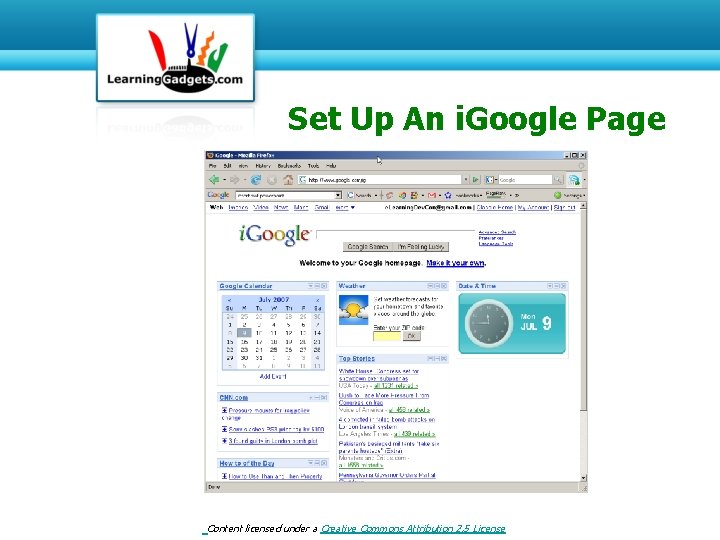 Set Up An i. Google Page Content licensed under a Creative Commons Attribution 2.