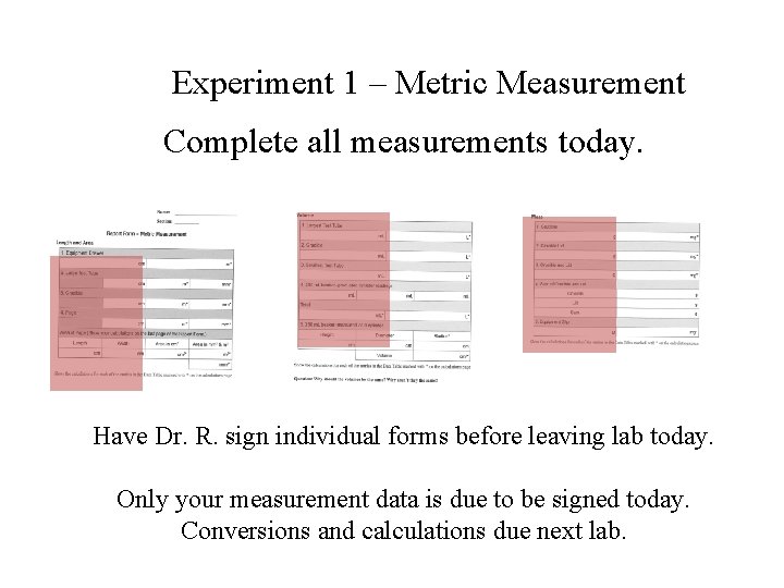 Experiment 1 – Metric Measurement Complete all measurements today. Have Dr. R. sign individual