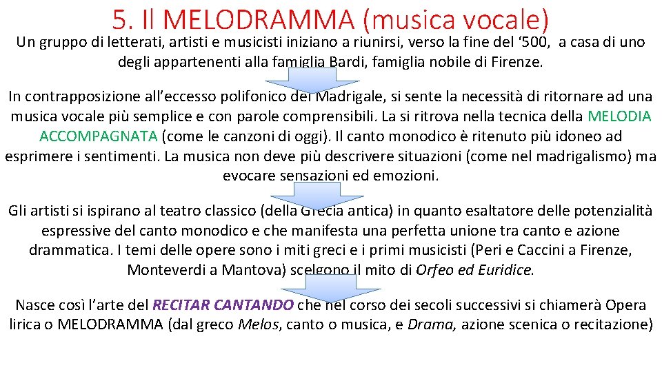 5. Il MELODRAMMA (musica vocale) Un gruppo di letterati, artisti e musicisti iniziano a