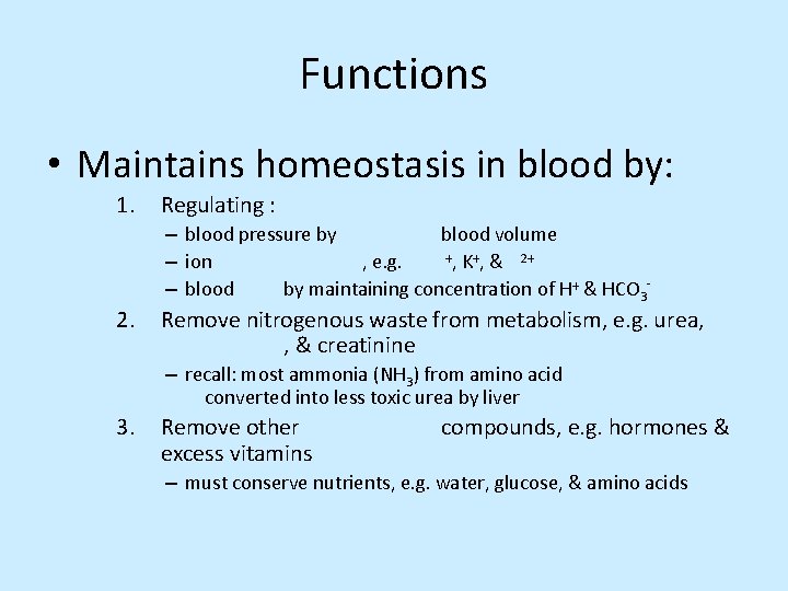 Functions • Maintains homeostasis in blood by: 1. 2. Regulating : – blood pressure