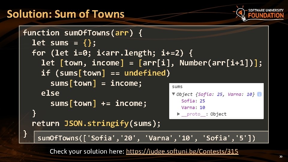 Solution: Sum of Towns function sum. Of. Towns(arr) { let sums = {}; for