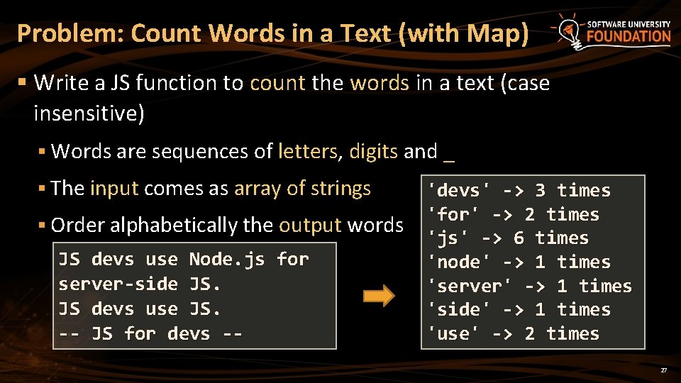 Problem: Count Words in a Text (with Map) § Write a JS function to