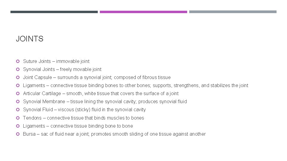 JOINTS Suture Joints – immovable joint Synovial Joints – freely movable joint Joint Capsule