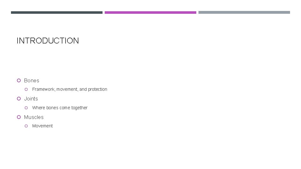 INTRODUCTION Bones Framework, movement, and protection Joints Where bones come together Muscles Movement 