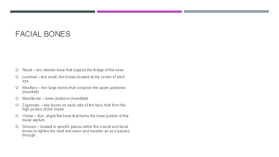 FACIAL BONES Nasal – two slender bone that support the bridge of the nose