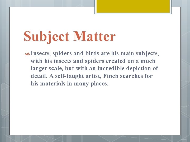 Subject Matter Insects, spiders and birds are his main subjects, with his insects and