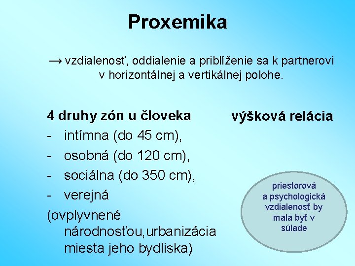 Proxemika → vzdialenosť, oddialenie a priblíženie sa k partnerovi v horizontálnej a vertikálnej polohe.